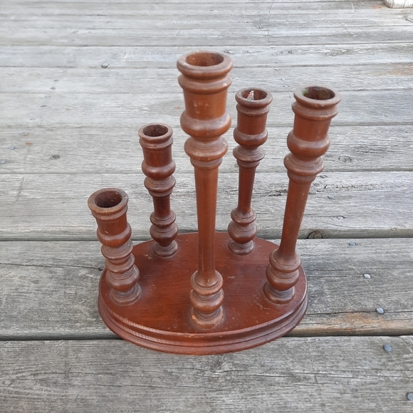 Vintage MCM mid-century modern dark wooden candlestick 5 graduated candelabra - Picture 4 of 9